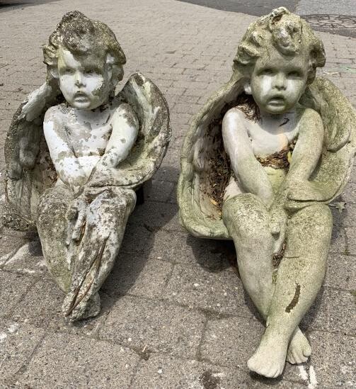 Pair Cast Stone Figural Seated Putti Angel Statues