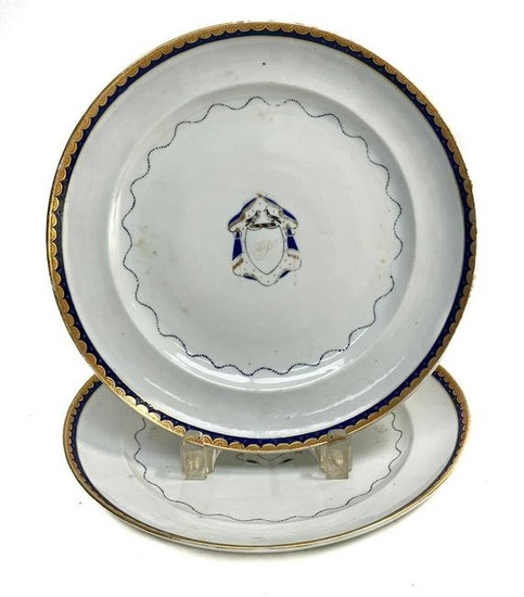 Pair Chinese Export Porcelain Armorial Dinner Plates