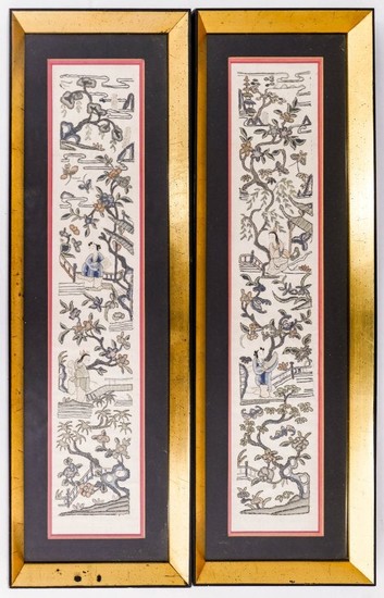 Pair Chinese Forbidden Stitch Silk Sleeve Panels Framed