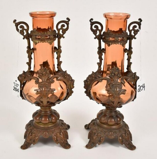 Pair Continental Antique Bronze & Amber Glass Vases
