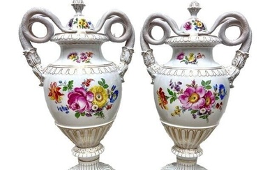 Pair Dresden Porcelain Covered Urns Snake Handles Hand painted florals c1920
