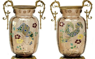 Pair French Japonisme Hand Blown Glass Gilt Bronze Mounted Vases Enamel c.1890