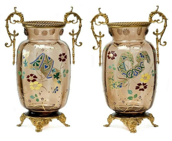 Pair French Japonisme Hand Blown Glass Gilt Bronze Mounted Vases Enamel c.1890