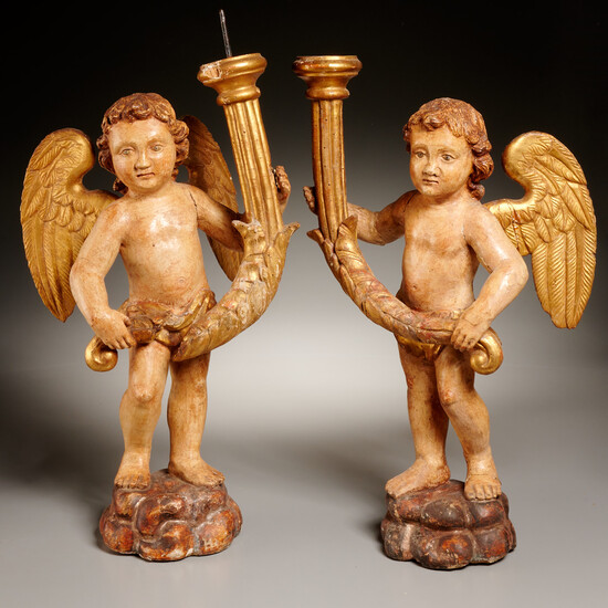 Pair Italian carved wood cherub candleholders