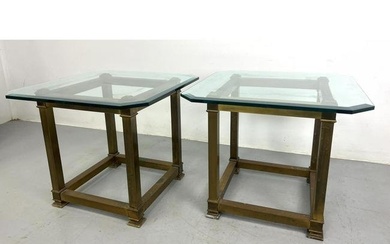 Pair Mastercraft Style Glass and Brass Side Tables. Heavy metal base. Thick Glass Top.