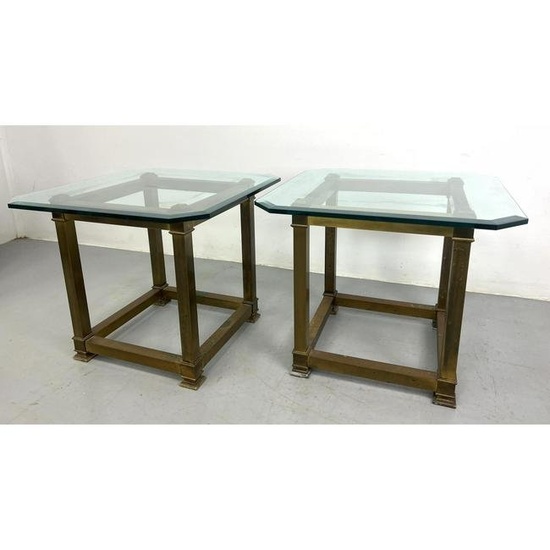 Pair Mastercraft Style Glass and Brass Side Tables. Heavy metal base. Thick Glass Top.