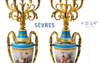 Pair Of 19th C. French Sevres Porcelain Bronze With Jeweled Enamel Candelabras