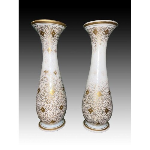 Pair Of Bohemian White & Gold Gilt Decorated Vases, 19th Cen...