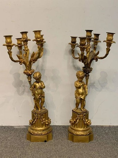 Pair Of Figural Gilt Bronze Five Light Candelabra