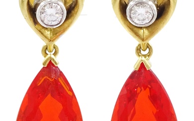 Pair of 18ct gold fire opal and diamond pendant earrings