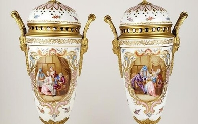 Pair of 19th C. Sevres Porcelain and Bronze Lidded