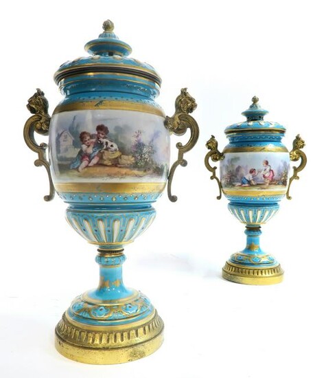 Pair of 19th C. Sevres Turquoise Porcelain & Bronze