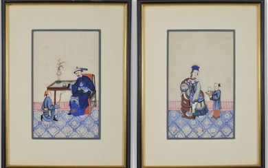 Pair of 19th century Chinese school paintings on rice paper. Interior genre scenes with figures.