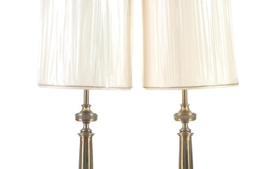 Pair of Brass Table Lamps With Drum Shades, Late 20th Century
