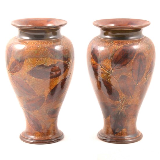 Pair of Doulton Lambeth stoneware baluster shape vases, Autumn Leaves design
