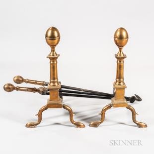 Pair of Engraved Lemon-top Bell Metal Andirons and Matching Tools