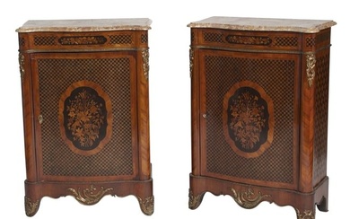 Pair of French Inlaid Marquetry and Parquetry Cabinets with Marble Tops