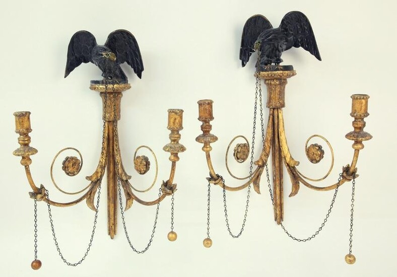Pair of George III Style Ebonized and Giltwood Wall Sconces