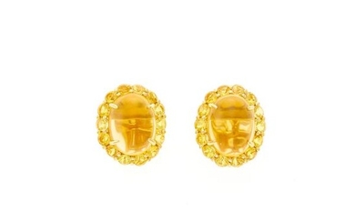 Pair of Gold, Cabochon Citrine and Yellow Sapphire Earrings