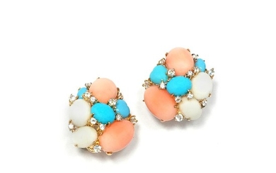 Pair of Gold, White and Angel Skin Coral, Turquoise, Aquamarine and Diamond Cluster Earclips