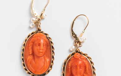Pair of Gold and Coral Cameo Earrings