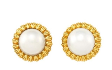 Pair of Gold and Mabé Pearl Earclips, Tiffany & Co.