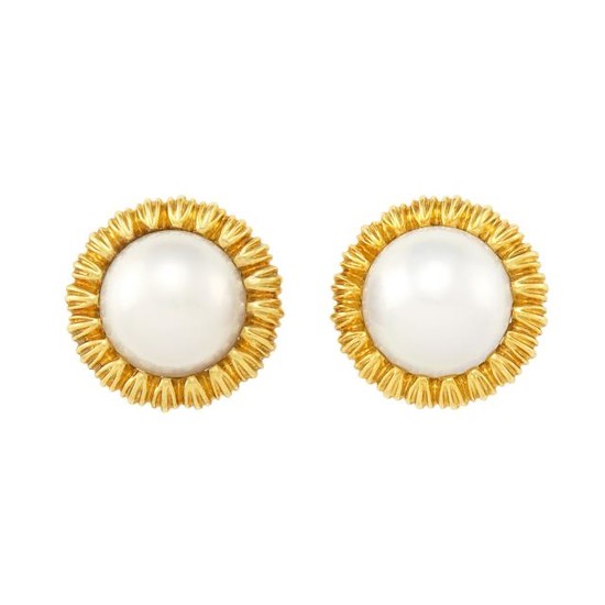 Pair of Gold and Mabé Pearl Earclips, Tiffany & Co.