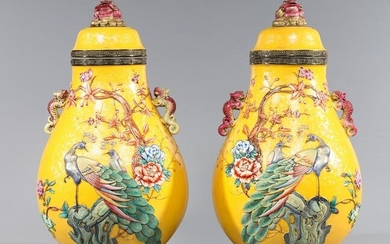 Pair of Large and Elaborate Chinese Enameled Porcelain Phoenix Vases