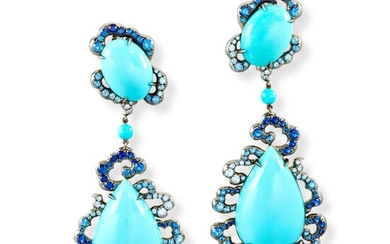 Pair of Turquoise and Sapphire Pendent Earrings | 綠松石 配 藍寶石 耳墜一對
