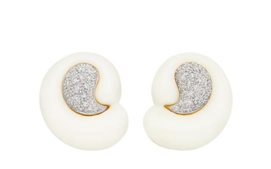 Pair of Two-Color Gold, White Agate and Diamond Earclips