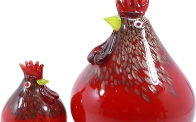 Pair of Vintage Murano Style Art Glass Red Roosters