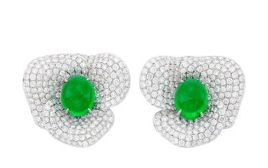 Pair of White Gold, Cabochon Emerald and Diamond Earclips