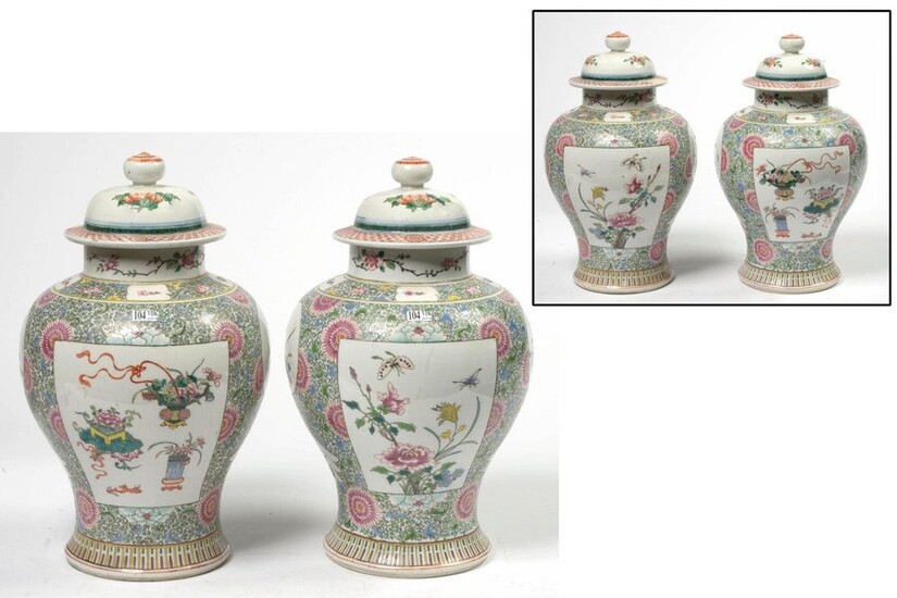 Pair of large covered polychrome porcelain vases from...