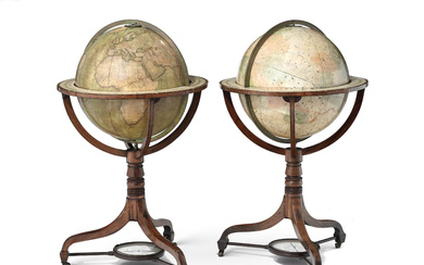 Paire de globes terrestre et céleste de parquet, Angleterre, fin XVIIIe - début XIXe s., cartographie par J & W Cary, Londres, monture