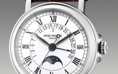 Patek Philippe, Ref. 5059P-001 A fine and attractive platinum perpetual calendar wristwatch with retrograde dates, center seconds, moon phases, leap year indication, officer-style case, Certificate of Origin and presentation box