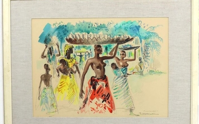 Paul DAXHELET (1905-1993) "Scène de marché à Luluabourg", watercolour, signed lower right, 50's, 35 x 47 cm