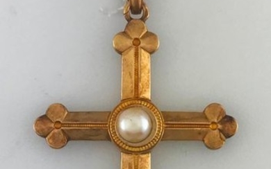 Pendant cross in gold 750°/°°° with button pearl,...