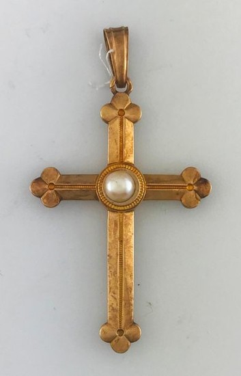 Pendant cross in gold 750°/°°° with button pearl,...