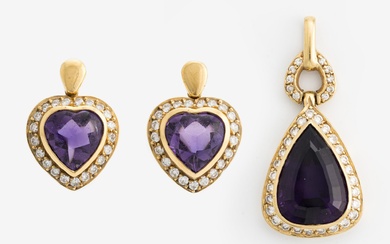 Pendant with earrings, H Stern, gold, amethysts, and brilliant-cut diamonds
