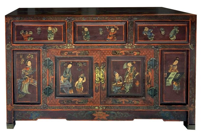 Piece of chinese furniture in lacquered wood with genre