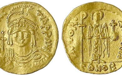Pièces d'or byzantines, Empire, Mauricius Tiberius, 582-602, Solidus 582/602, Constantinople, 8e off. Buste avec globe...