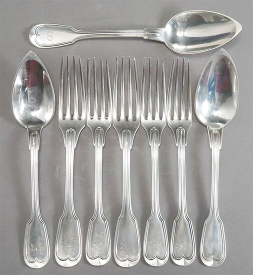 Pierre Elvire Queillé Second Empire French Export Silver Flat Table Articles: 5 Dinner Forks and 3 Tablespoons, 17.9 oz (monogrammed)