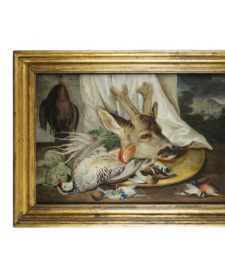 Pittore inglese del XVIII secolo Natura morta con cacciagione coppia di oli...