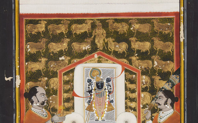 Priests worshipping Srinathji with Nandi, Nathdwara, India, late 19th century,...
