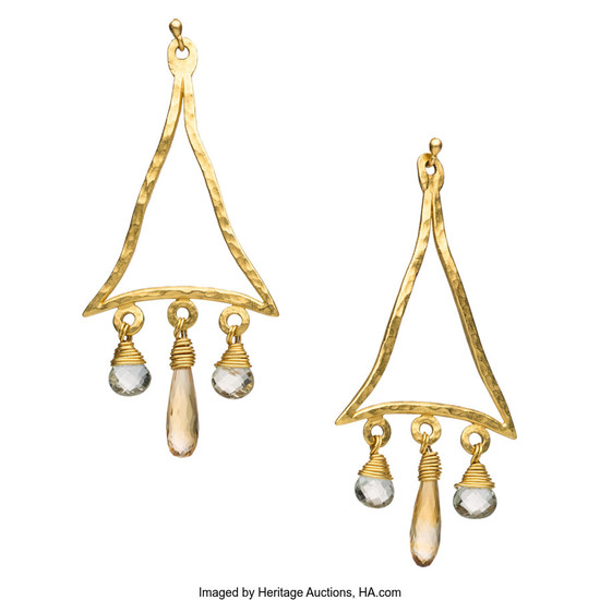 Quartz, Gold Earrings The earrings feature prasiolite and citrine...