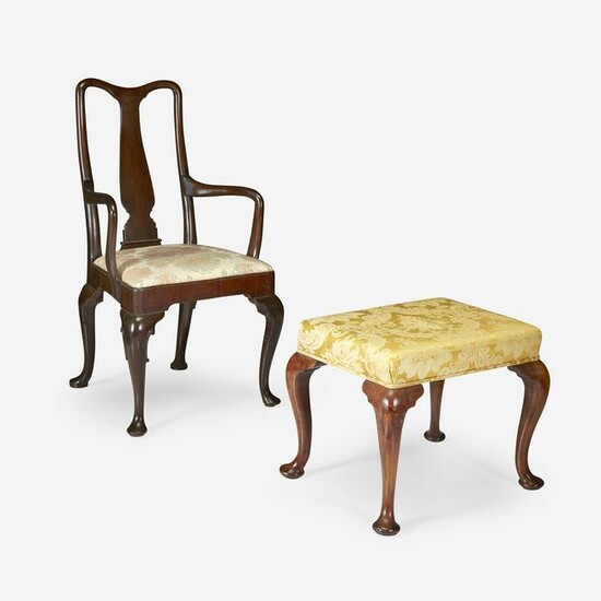 Queen Anne mahogany yoke-back armchair together with a