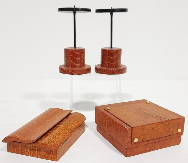 R & Y AUGOUSTI RED REPTILE SKIN CANDLESTICKS BOXES