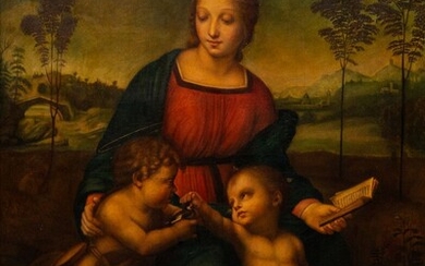 RAPHAËL (Raffaello Sanzio dit, 1483-1520), d'après. La Vierge au Chardonneret. Huile sur toile. H_108 cm...