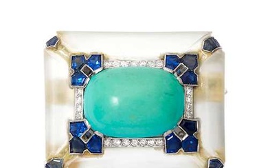 ROCK CRYSTAL, TURQUOISE, SAPPHIRE AND DIAMOND BROOCH, ca. 1950.