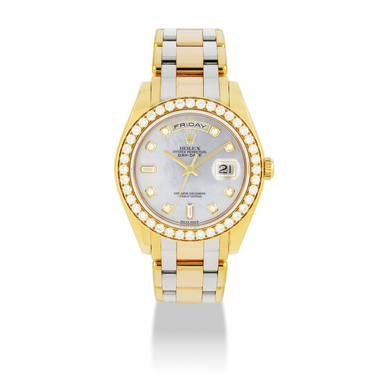 ROLEX, THREE-COLOUR GOLD, DIAMONDS AND MOTHER-OF-PEARL PEARLMASTER, REF. 18948
